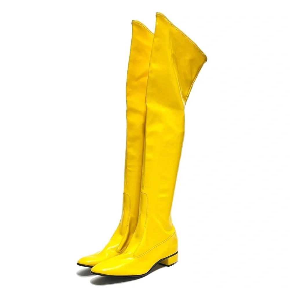 Vintage 1960s deadstock banana yellow vinyl over the knee pull on gogo boots